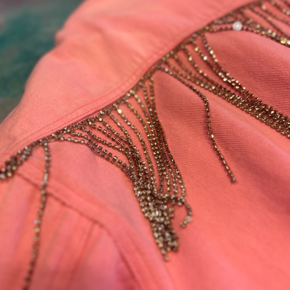Pink Diamond Fringe Distressed Denim Jacket - Picture 10 of 16
